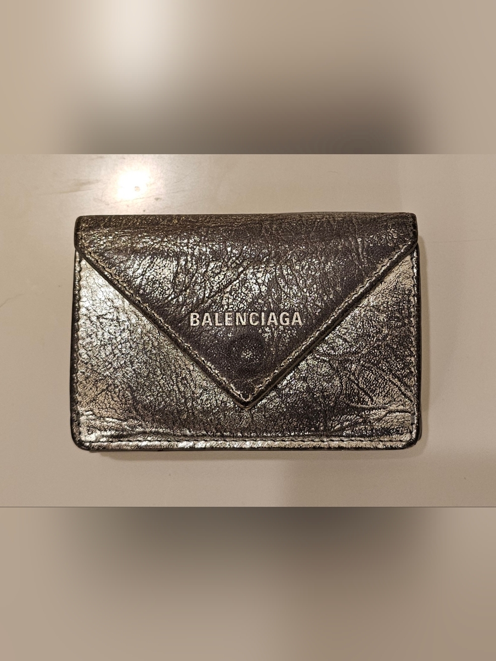 BALENCIAGA Silver Crinkle Trifold Compact Wallet